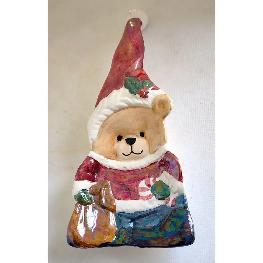 Vintage Christmas Teddy Bear Ceramic Spoon Rest Tea Bag Holder Santa Hat 9